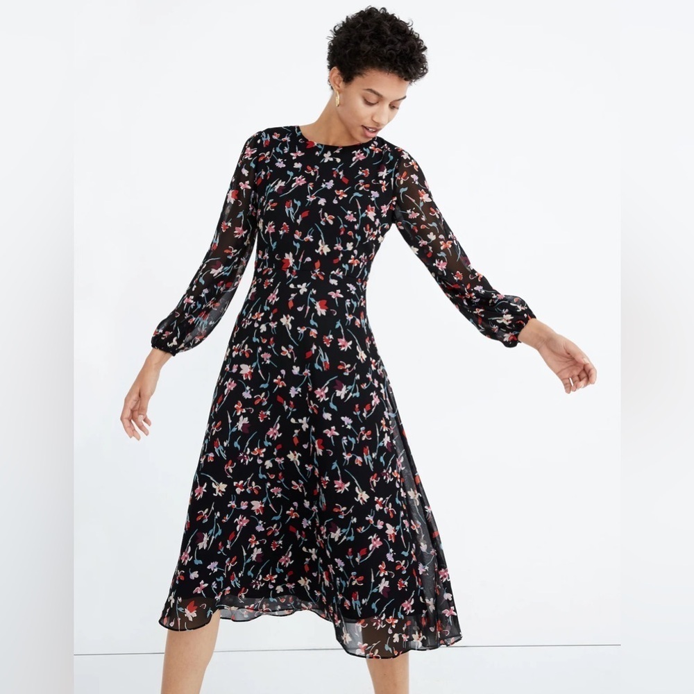 Madewell Sheer-Sleeve Midi Dress In Drifting Flowers